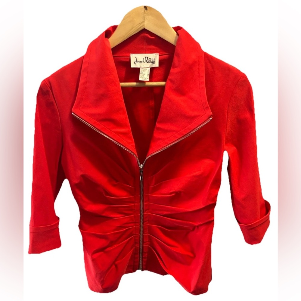 Joseph Ribkoff Jacket Blazer Top 8 Full Zip 3/4 Sleeves Ruched Cuffed Red